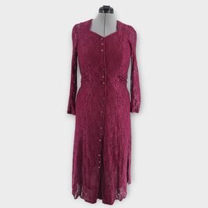 Betsy's Things Dress Women's 12p Midi Burgundy Lace Sheer Fairy Goth Whimsy VTG